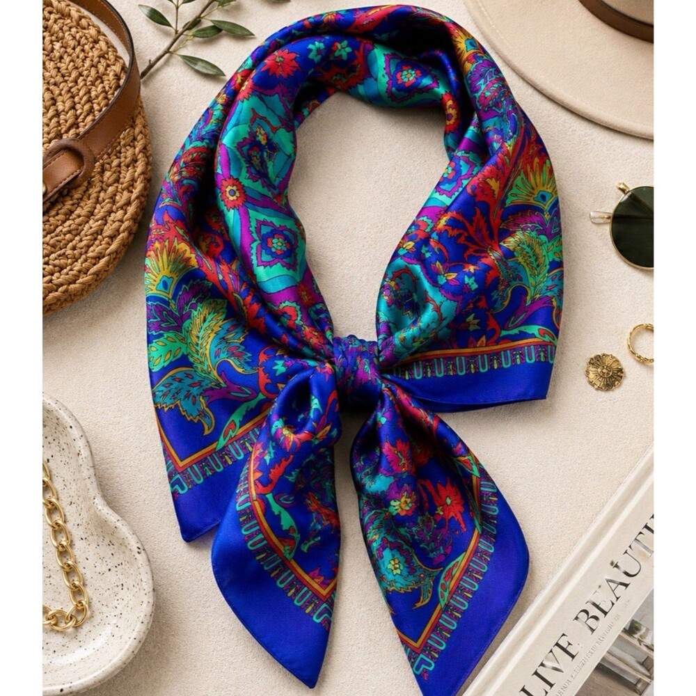 Vintage Blue Floral Paisley Scarf Square Satin Boho Head Neck Hair Wrap Retro 30